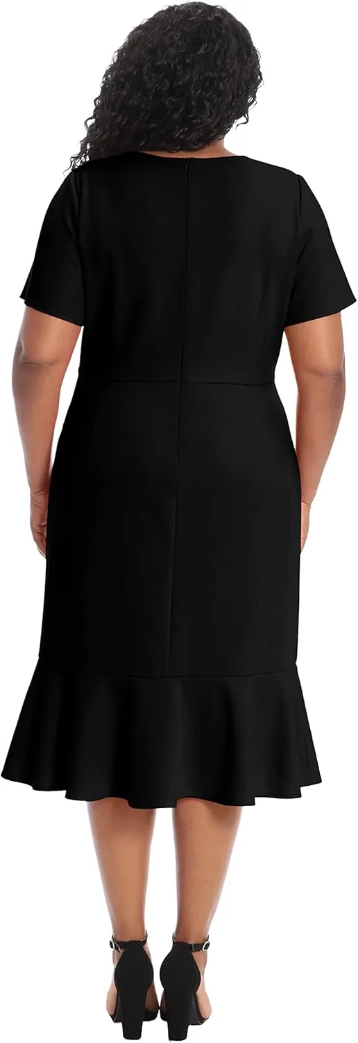 London Times Women's V-Neck Polished Flounce Hem Twist Waist Detail Feminine Office Event Guest of
