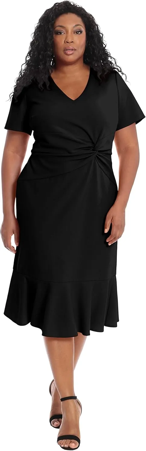 London Times Women's V-Neck Polished Flounce Hem Twist Waist Detail Feminine Office Event Guest of