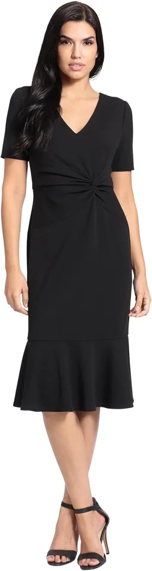 London Times Women's V-Neck Polished Flounce Hem Twist Waist Detail Feminine Office Event Guest of