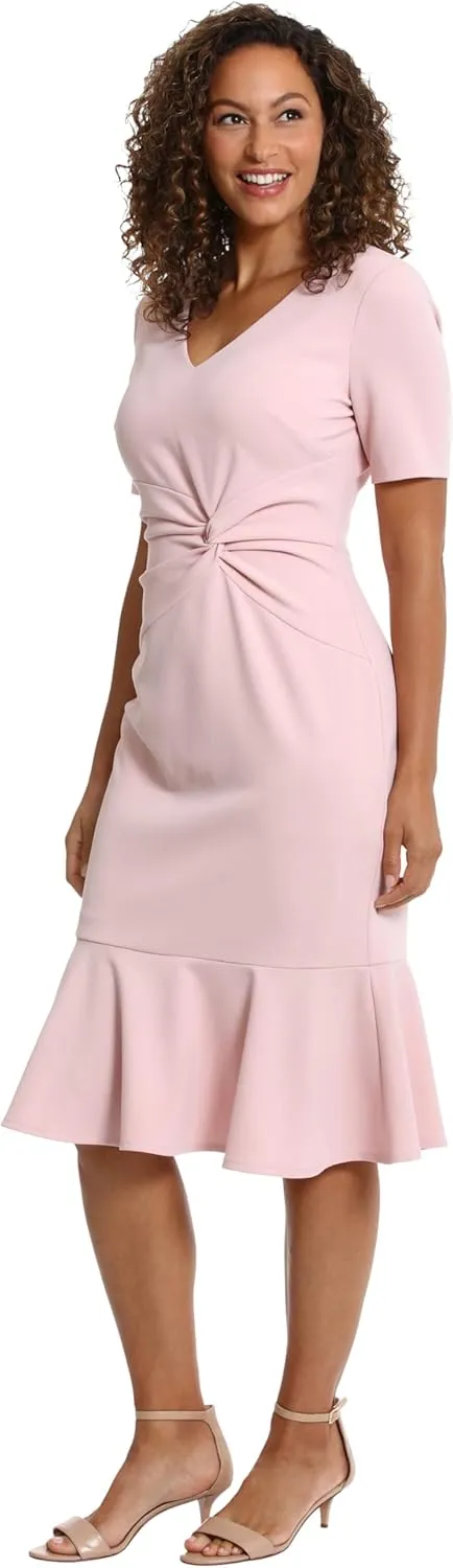 London Times Women's V-Neck Polished Flounce Hem Twist Waist Detail Feminine Office Event Guest of