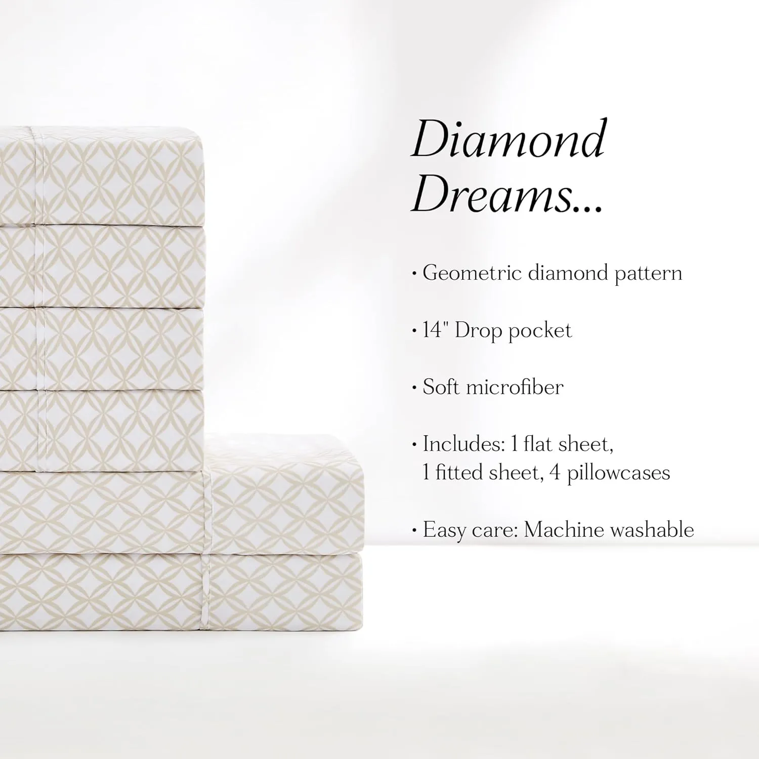 Lush Decor Eternity Sheet Set 6 Piece Set King Neutral - Diamond Bed Sheets - King Sheets - Geometric Art Deco - Mid Century Modern Decor