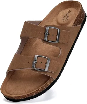 Mabove Mens Slides with Cork Footbed - Open Toe, Adjustable Webbing Flat Sandals for Walking, Beach & Indoor