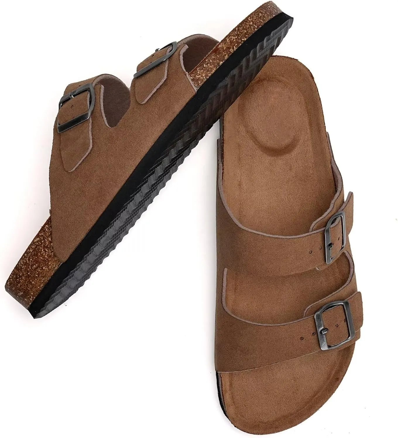 Mabove Mens Slides with Cork Footbed - Open Toe, Adjustable Webbing Flat Sandals for Walking, Beach & Indoor