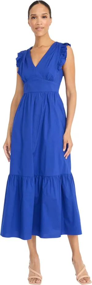 Maggy London Women's V-Neck Ruffle Details Cotton Poplin Maxi Dress