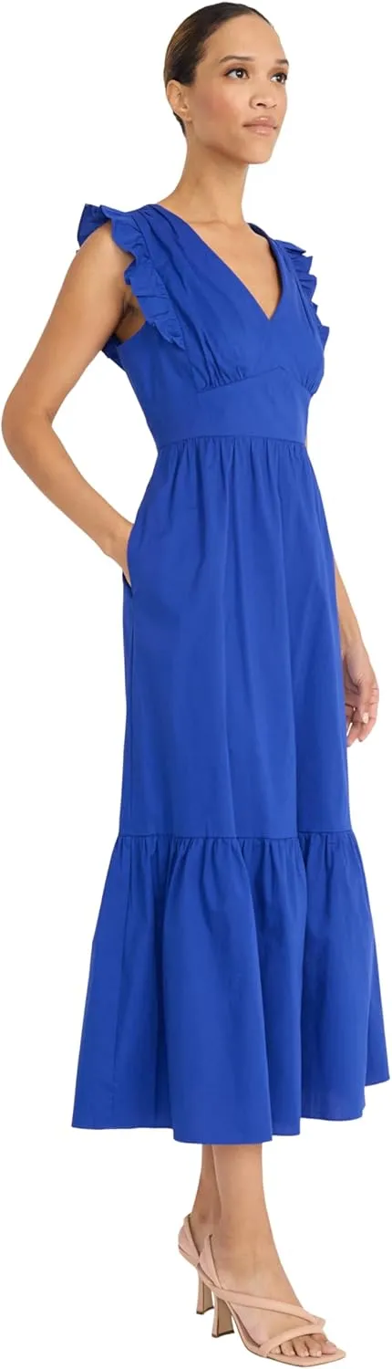 Maggy London Women's V-Neck Ruffle Details Cotton Poplin Maxi Dress