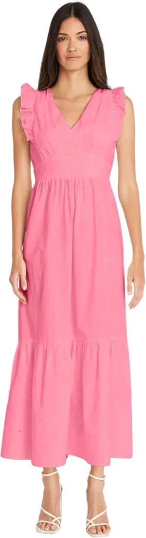 Maggy London Women's V-Neck Ruffle Details Cotton Poplin Maxi Dress