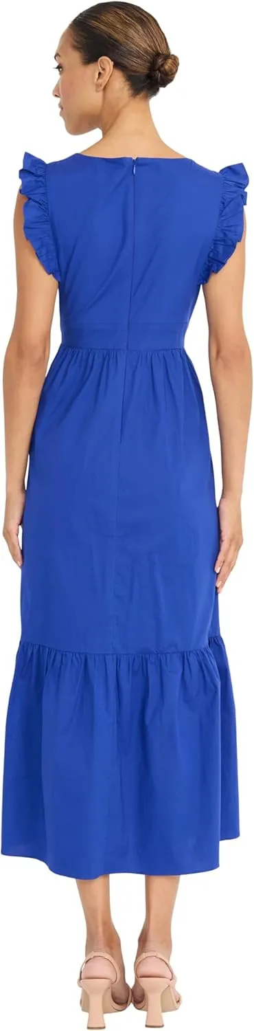 Maggy London Women's V-Neck Ruffle Details Cotton Poplin Maxi Dress