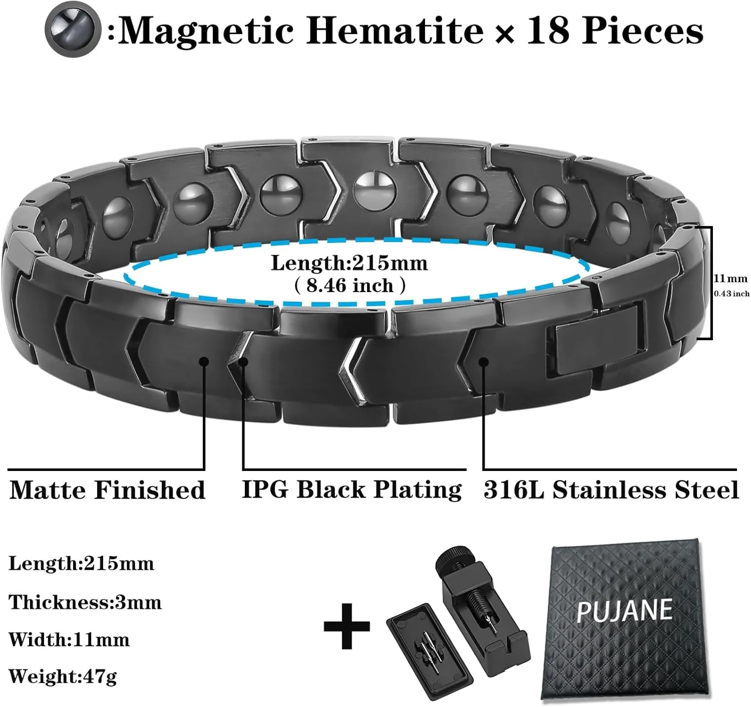 Magnetic Hematite Bracelets for Men Women 316L Stainless Steel Power Balance Energy Magnets Stones Bracelet Jewelry Gift with Adjustment Tool