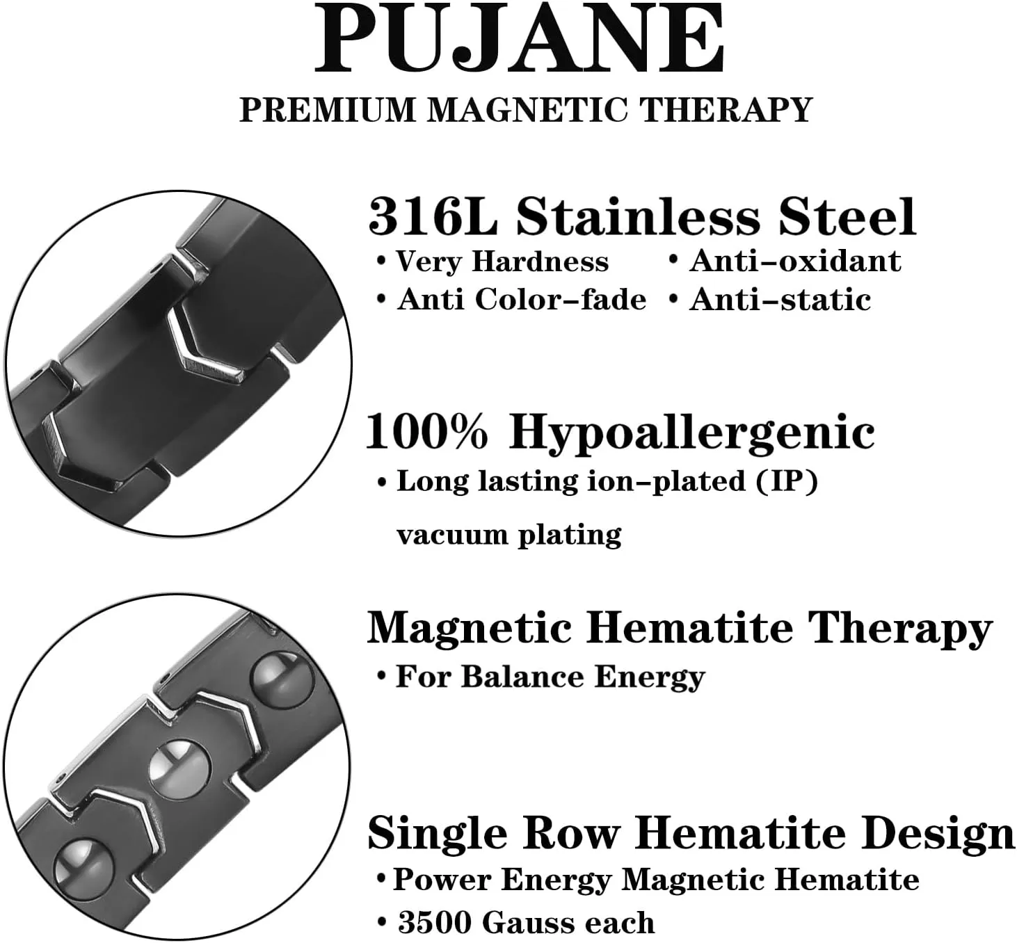 Magnetic Hematite Bracelets for Men Women 316L Stainless Steel Power Balance Energy Magnets Stones Bracelet Jewelry Gift with Adjustment Tool