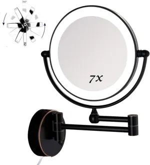 Makeup Mirror Wall Mounted with Led Lights, Bathroom Round Makeup Mirror, with 7X Magnifying Mirror, 8inch- Round Makeup Mirror, for Makeup, Shaving, Facial Care (Black)