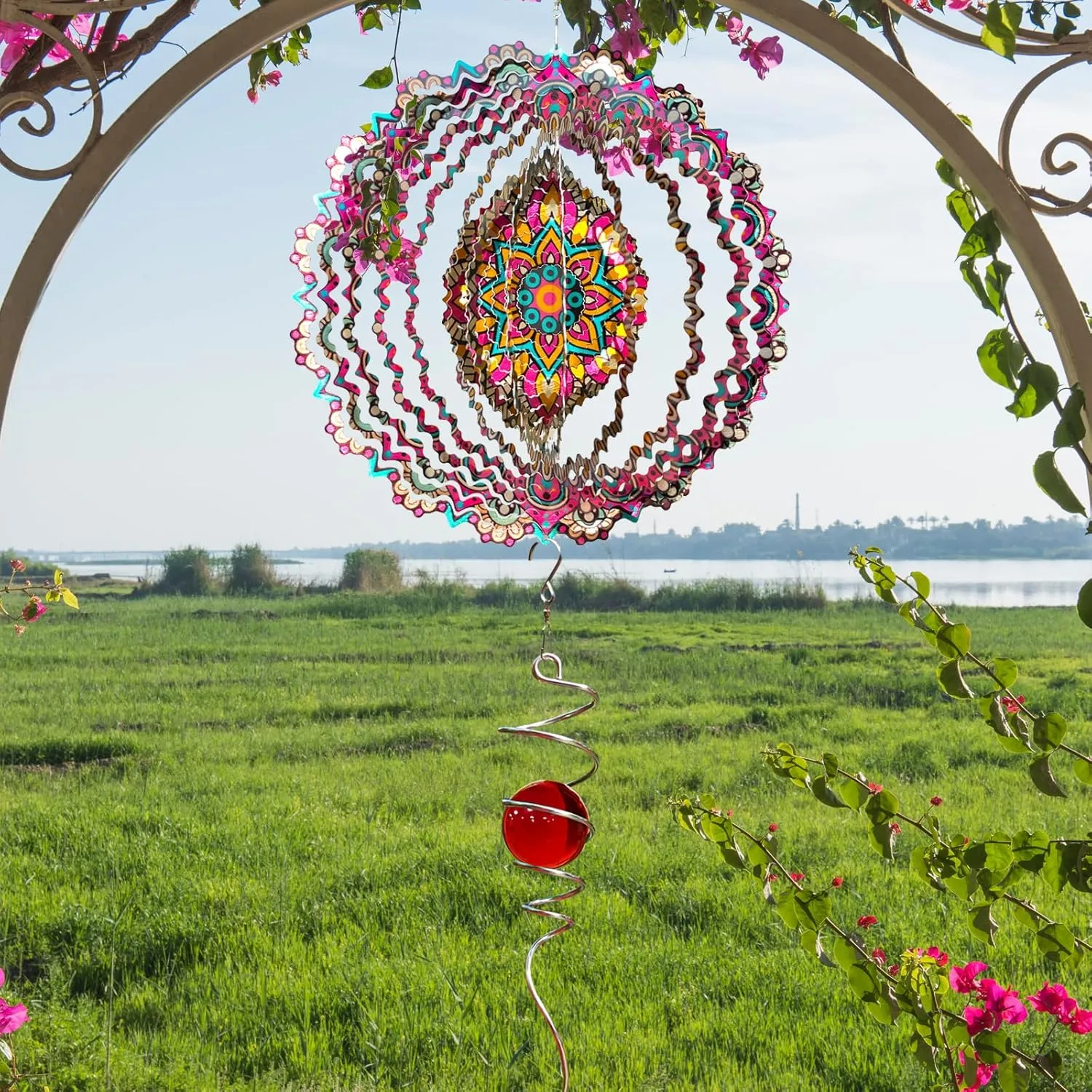 Mandala Blossom Wind Spinner Starry Sky - 12in Kinetic Metal Wind Spinners, Laser Cut Stainless Steel 3D Hanging Wind Sculpture & Catcher for Garden, Patio & Yard Art Decoration Outdoor Décor