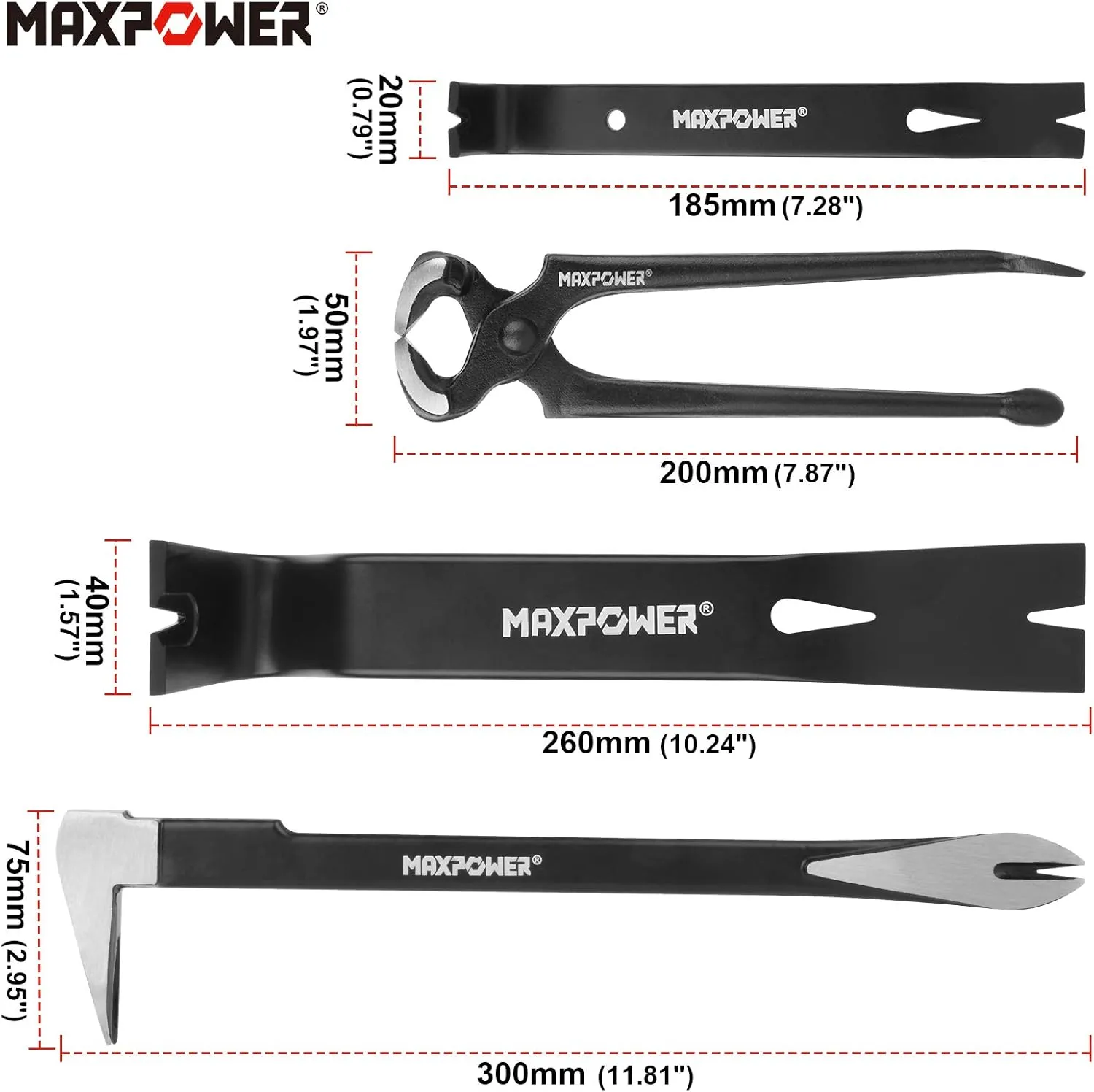 MAXPOWER 4-Pieces Pry Bar Set, 12-inch Utility Claw Pry Bar, 8-inch Nail Puller, 10-inch and 7-inch Flat Pry Bar Crowbar Claw