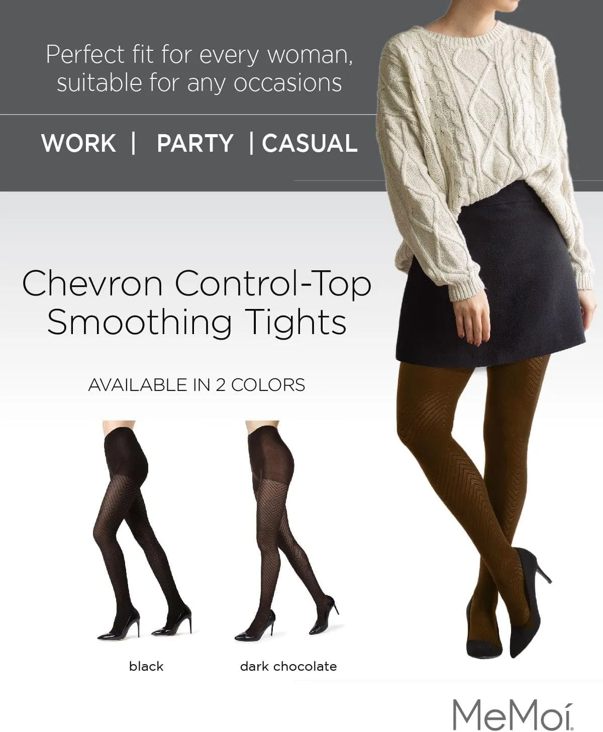 MeMoi Chevron Control Top Tights, Medium-Weight Smoothing Tummy Control Tights, 60 Denier - Sizes Small to Queen 2
