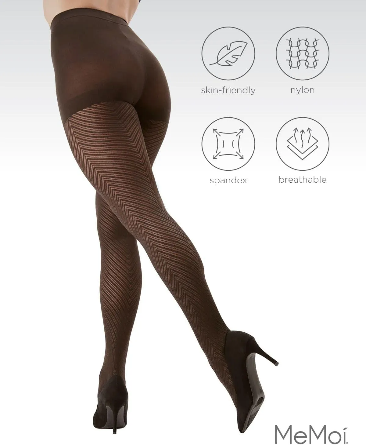 MeMoi Chevron Control Top Tights, Medium-Weight Smoothing Tummy Control Tights, 60 Denier - Sizes Small to Queen 2