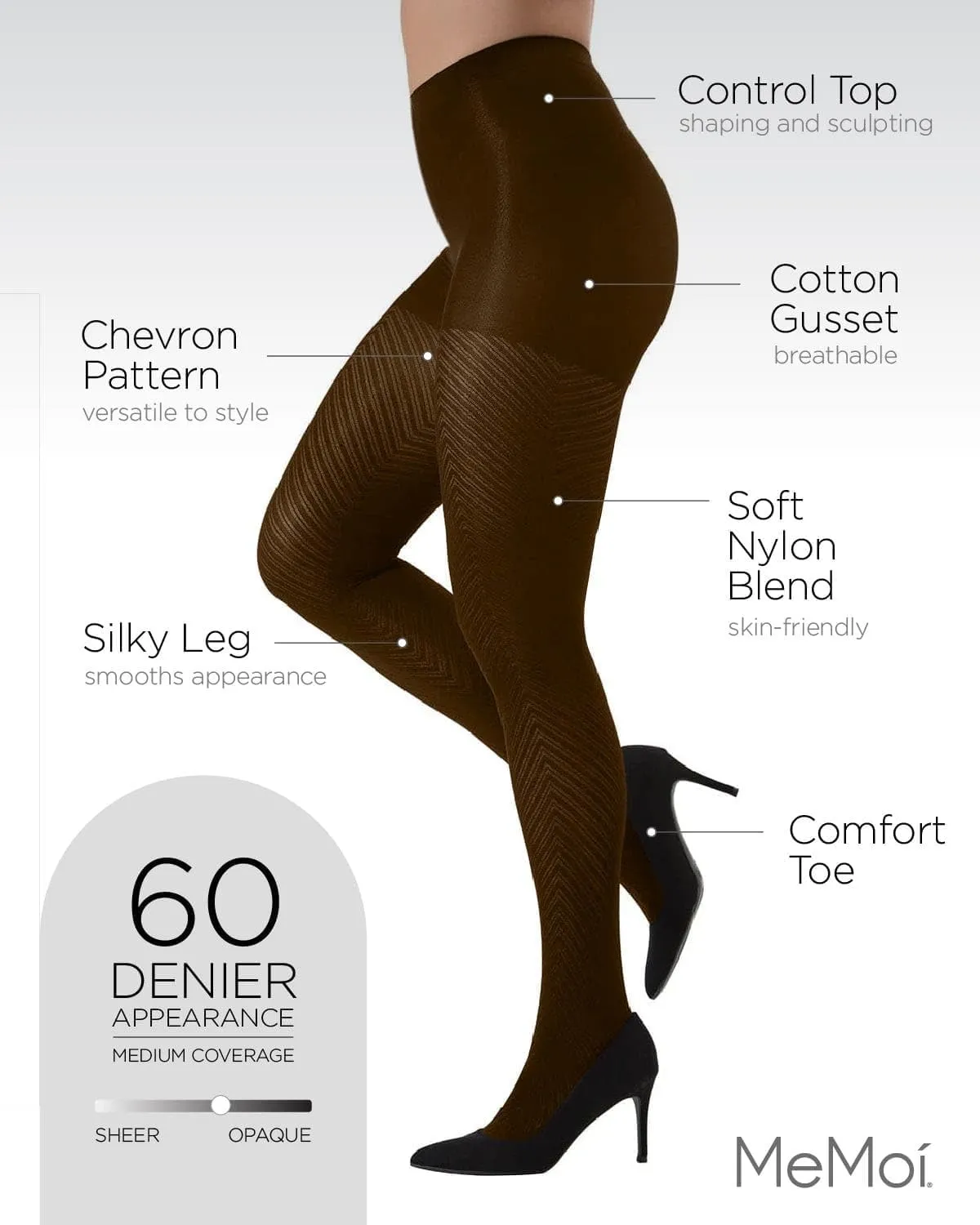MeMoi Chevron Control Top Tights, Medium-Weight Smoothing Tummy Control Tights, 60 Denier - Sizes Small to Queen 2