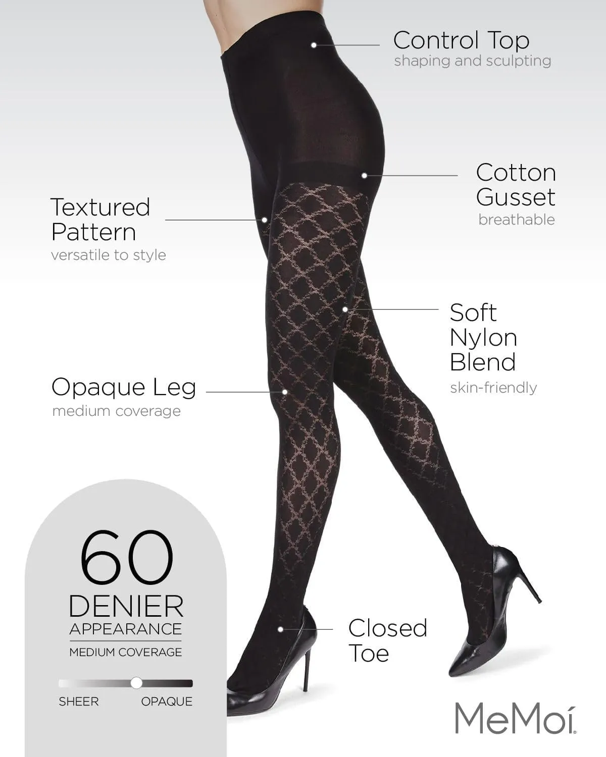MeMoi Ultra-Sleek Cloudpoint Opaque Tights, Comfortable and Lightweight Control Top Tights, 60 Denier - Sizes S-L