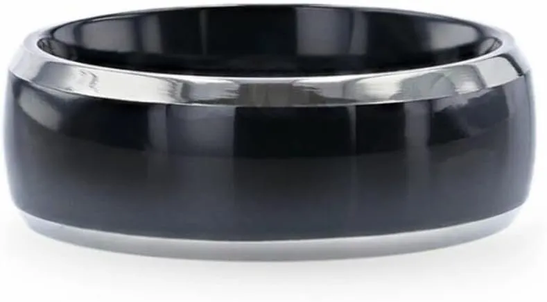 Mens Black Titanium Domed Wedding Ring - Beveled Polished Comfort Fit - 8mm Wide - Style name: SALEEN