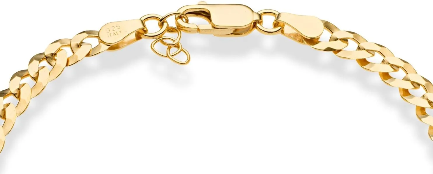 Miabella 18K Gold Over Sterling Silver Italian 5mm Solid Diamond-Cut Cuban Link Curb Chain Bracelet for Men Women, 925 Made in Italy