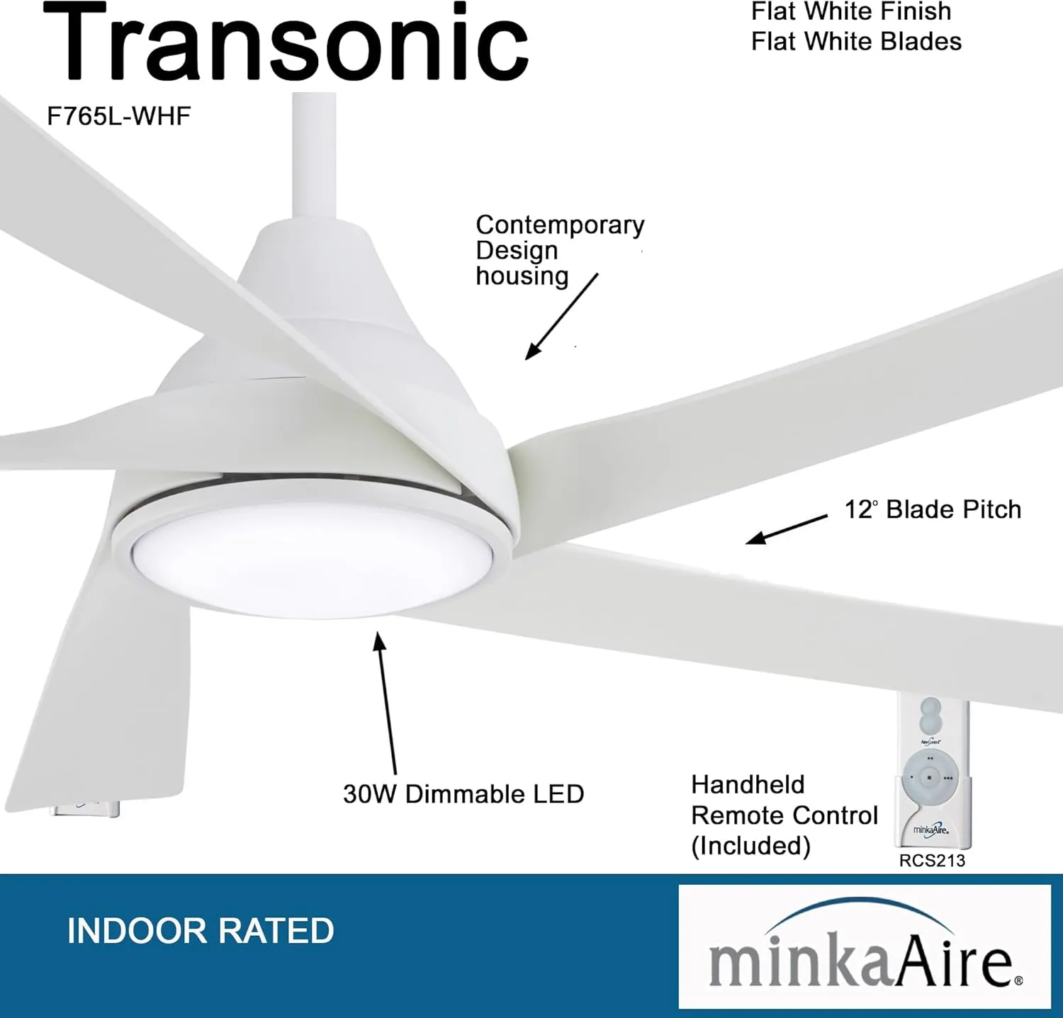 MINKA-AIRE F765L-WHF Transonic 56 Inch Indoor LED Ceiling Fan with Flat White Finish and Flat White Blades