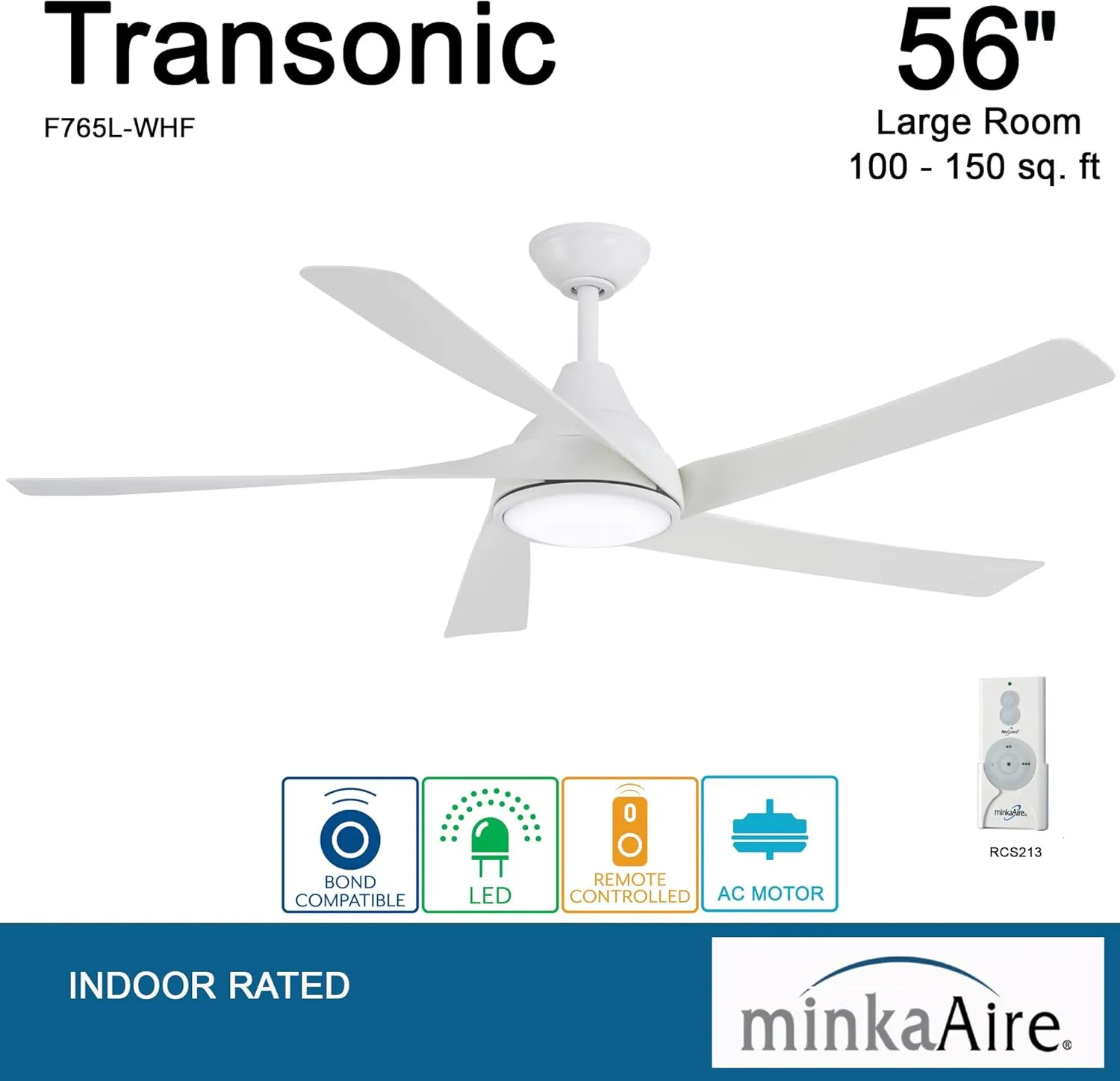 MINKA-AIRE F765L-WHF Transonic 56 Inch Indoor LED Ceiling Fan with Flat White Finish and Flat White Blades