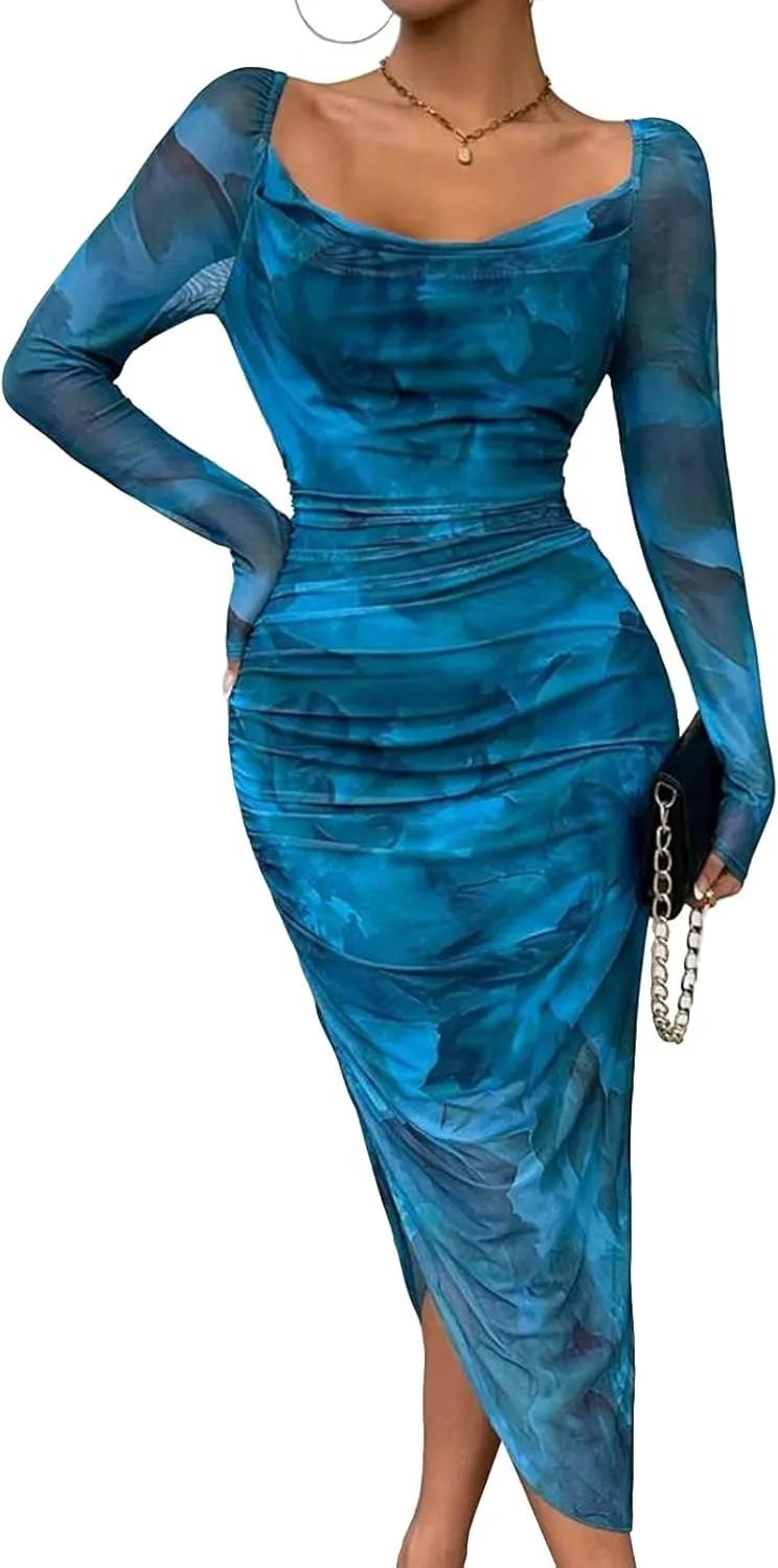 MOEENCN Women's Sexy Bodycon Midi Dress Birthday Outfits Sheer Mesh High Neck Ruched Date Night Club Party Dresses