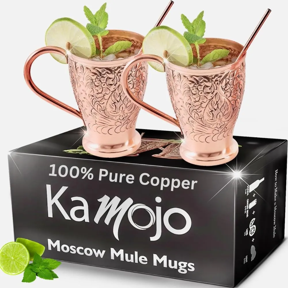 Moscow Mule Copper Mugs Set of 2 with Unique Handcrafted Embossed Design with Anti-Tarnish Food-Grade Coating - Copper Cups Gift Set with 4 Straws & Recipe E-Book, 16 oz