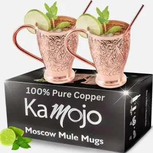 Moscow Mule Copper Mugs Set of 2 with Unique Handcrafted Embossed Design with Anti-Tarnish Food-Grade Coating - Copper Cups Gift Set with 4 Straws & Recipe E-Book, 16 oz