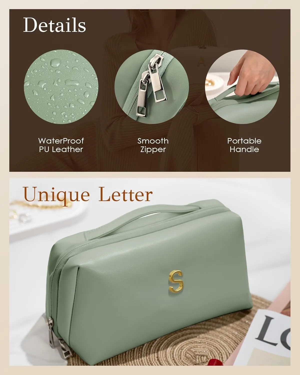 Mothers Day Gifts for Mom - Initial Makeup Bag for Women Girls, Bridesmaid Gifts, Teacher Appreciation Gifts, Graduation Gifts, Large Capacity & Wide Open Cosmetic Toiletry Bags, Friends Gift