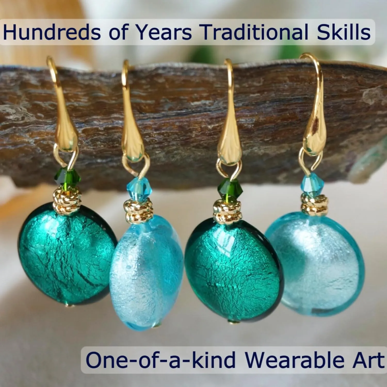 Murano Style Glass Earrings for Women, 20mm Lentil Shape Glass Beads, Murano Inspired Jewelry, 18k Gold Plated Drop Dangle Earrings for Women (Aqua Blue)