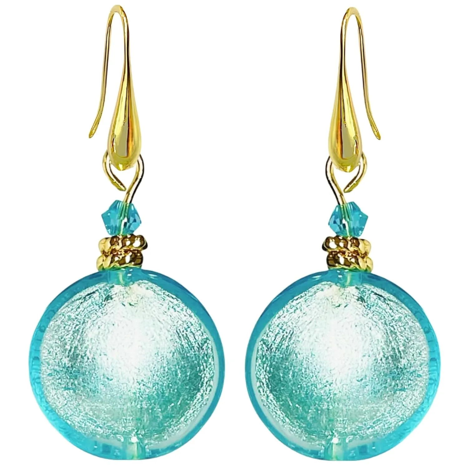 Murano Style Glass Earrings for Women, 20mm Lentil Shape Glass Beads, Murano Inspired Jewelry, 18k Gold Plated Drop Dangle Earrings for Women (Aqua Blue)