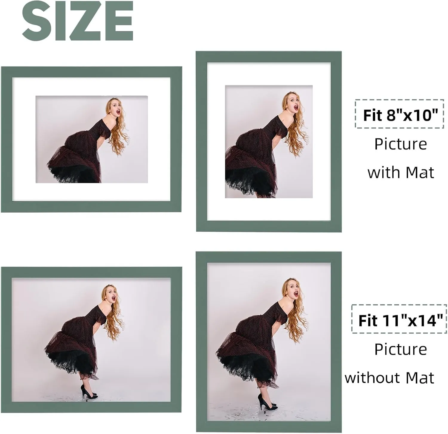 Muzilife 11x14 Wood Picture Frame with Real Glass Cover, Green Photo Frame Display Pictures 8x10 with Mat or 11x14 Without Mat, Vertical & Horizontal on Wall, 1pcs