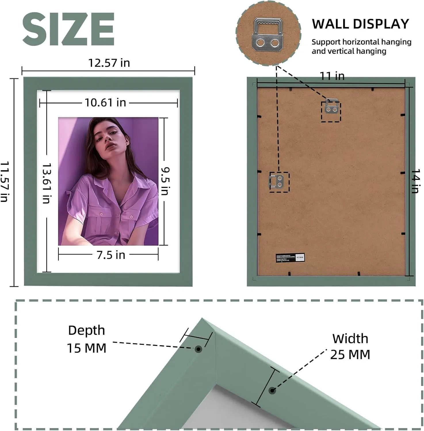 Muzilife 11x14 Wood Picture Frame with Real Glass Cover, Green Photo Frame Display Pictures 8x10 with Mat or 11x14 Without Mat, Vertical & Horizontal on Wall, 1pcs