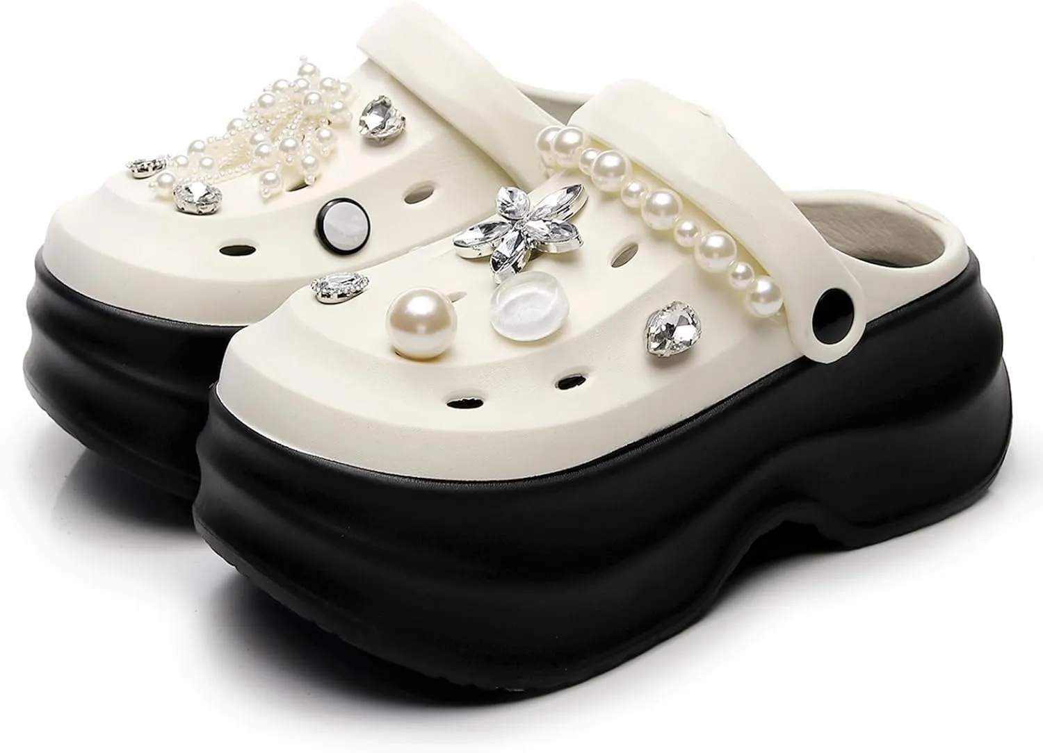 NIFFTORIA Women's Platform Clogs Gardener Slip On Slides Shoes Mules Hight Heels Beach Sandals with Pearl Accessories