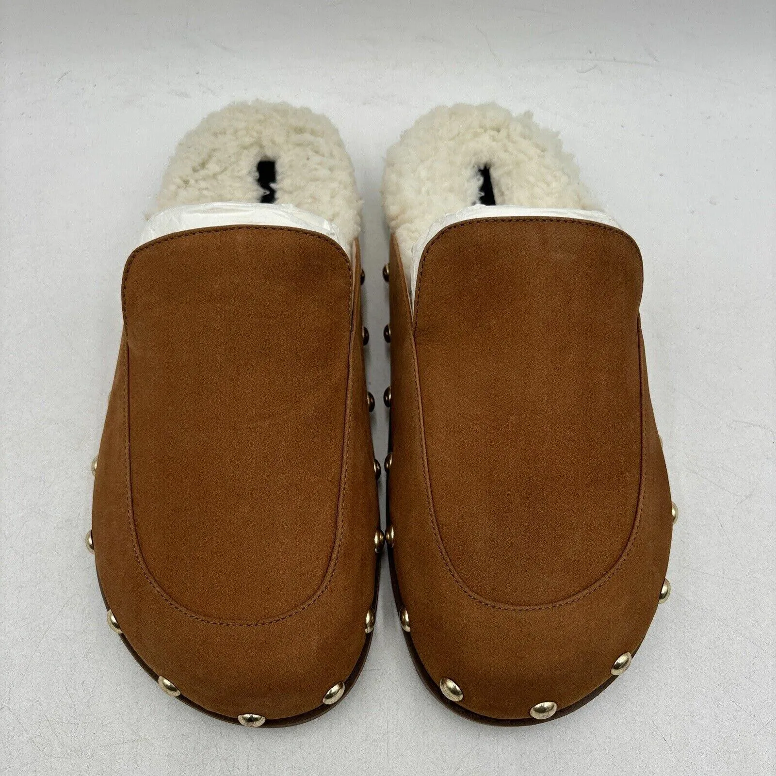 NWB AQUA Brown Nubuck/Faux Fur Lined Round Toe Studded Mule Slippers, Size 8B
