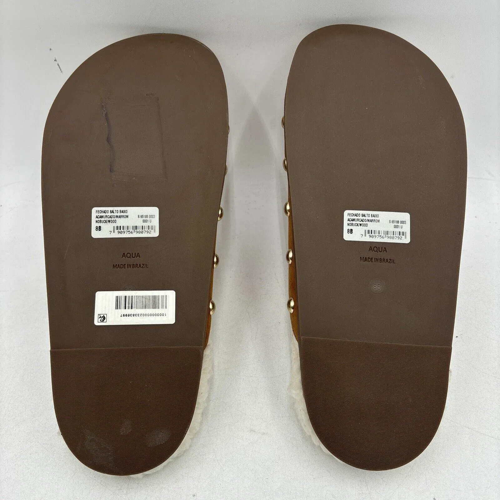 NWB AQUA Brown Nubuck/Faux Fur Lined Round Toe Studded Mule Slippers, Size 8B