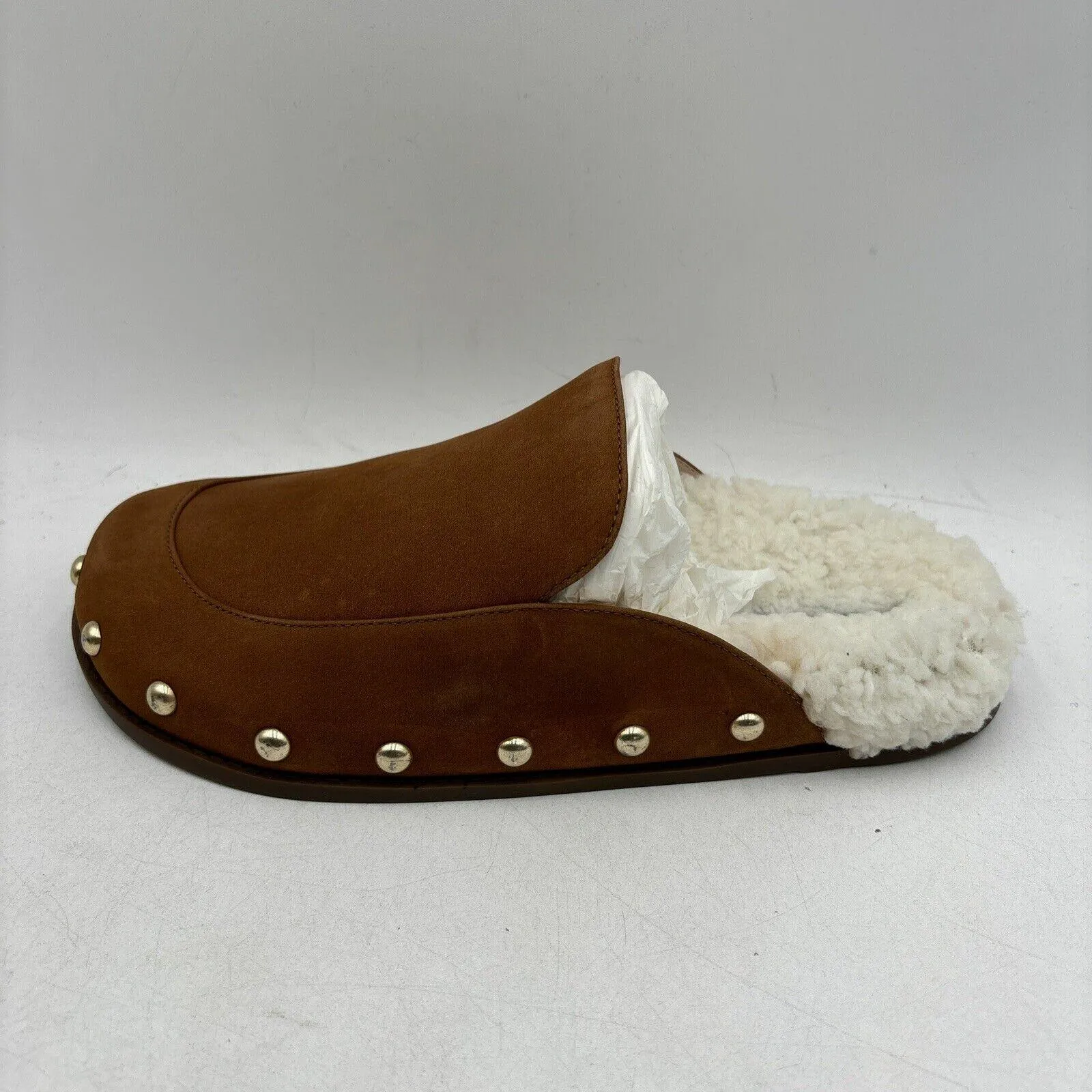 NWB AQUA Brown Nubuck/Faux Fur Lined Round Toe Studded Mule Slippers, Size 8B