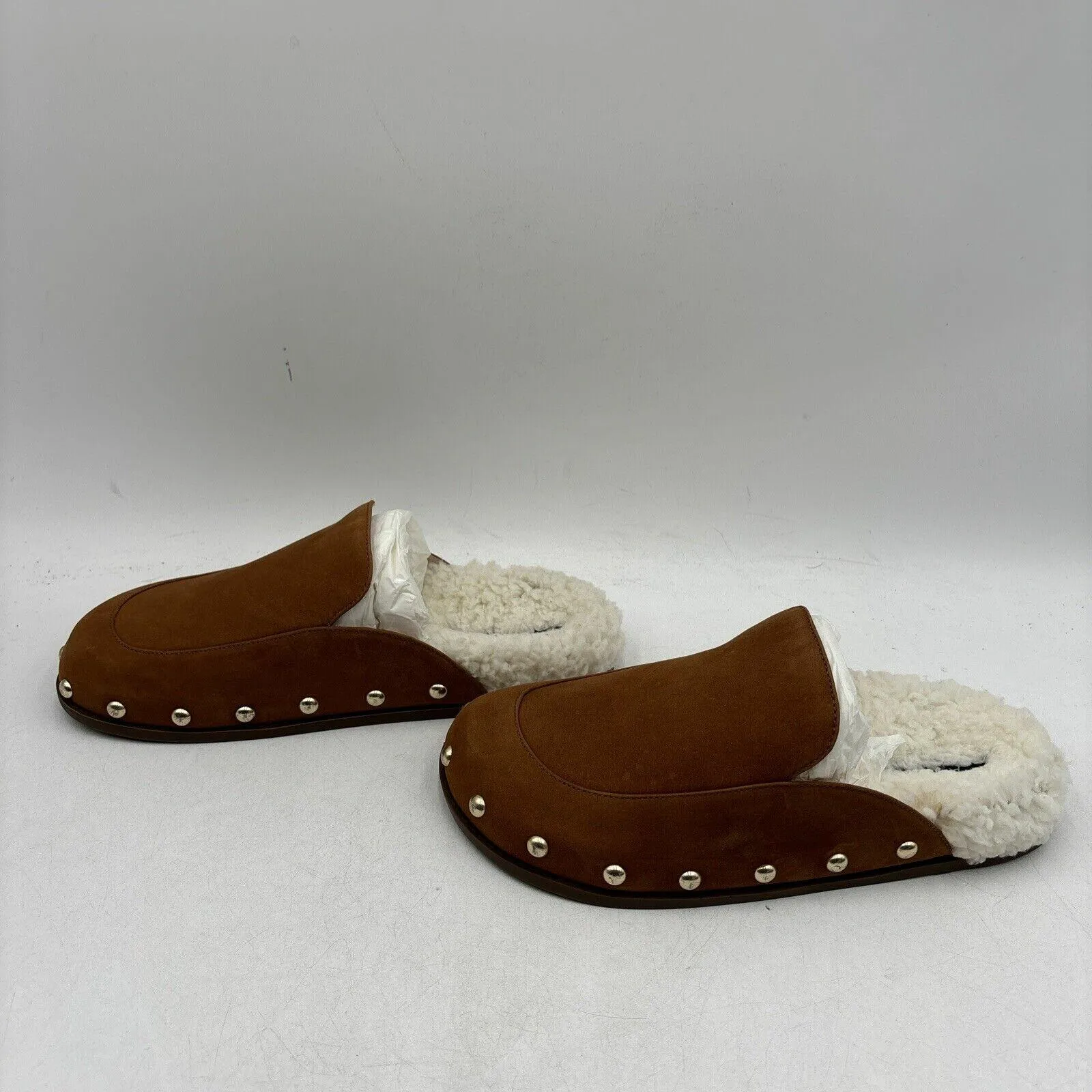 NWB AQUA Brown Nubuck/Faux Fur Lined Round Toe Studded Mule Slippers, Size 8B
