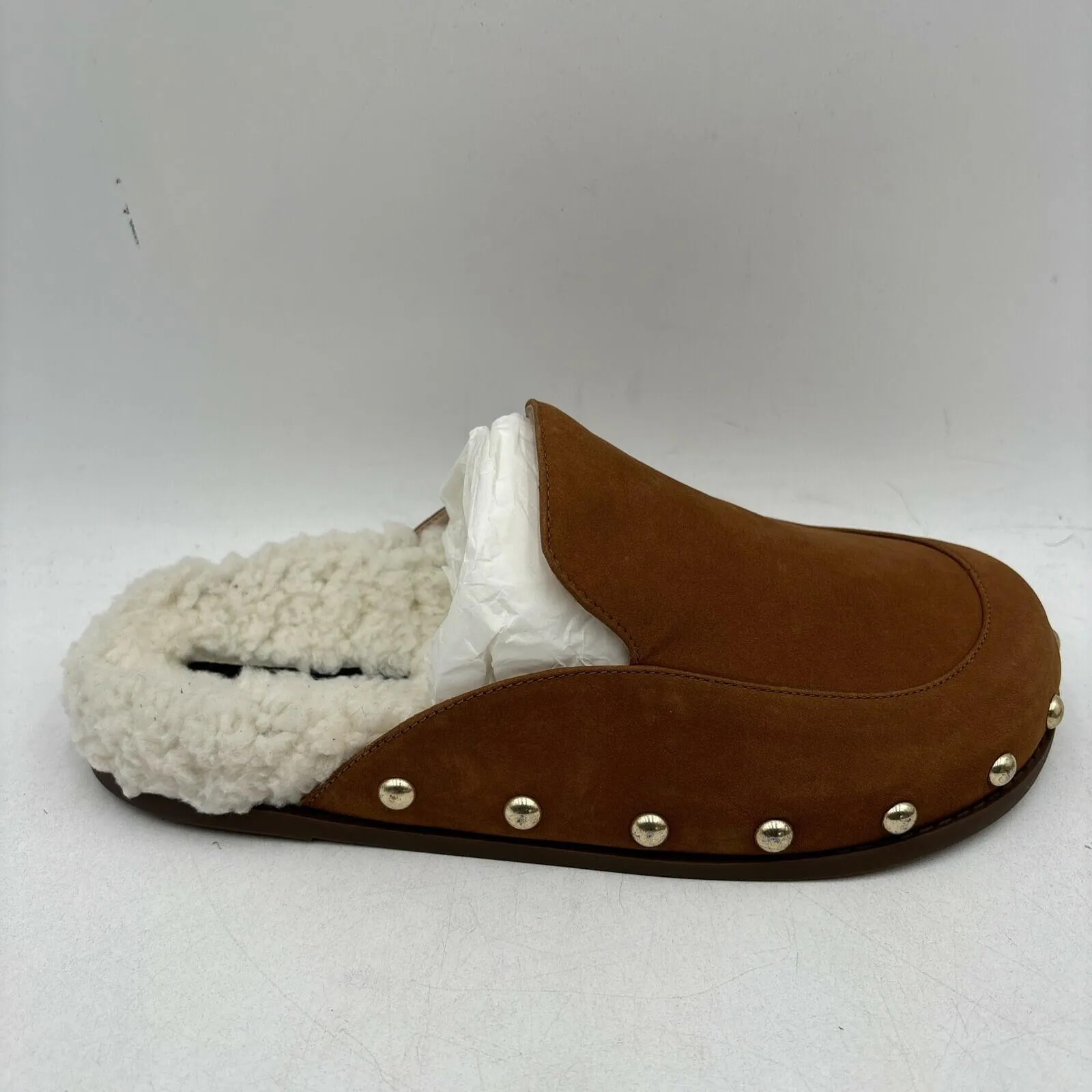 NWB AQUA Brown Nubuck/Faux Fur Lined Round Toe Studded Mule Slippers, Size 8B
