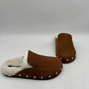 NWB AQUA Brown Nubuck/Faux Fur Lined Round Toe Studded Mule Slippers, Size 8B