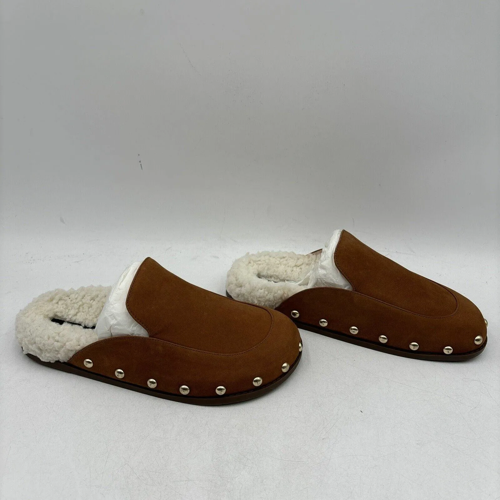 NWB AQUA Brown Nubuck/Faux Fur Lined Round Toe Studded Mule Slippers, Size 8B