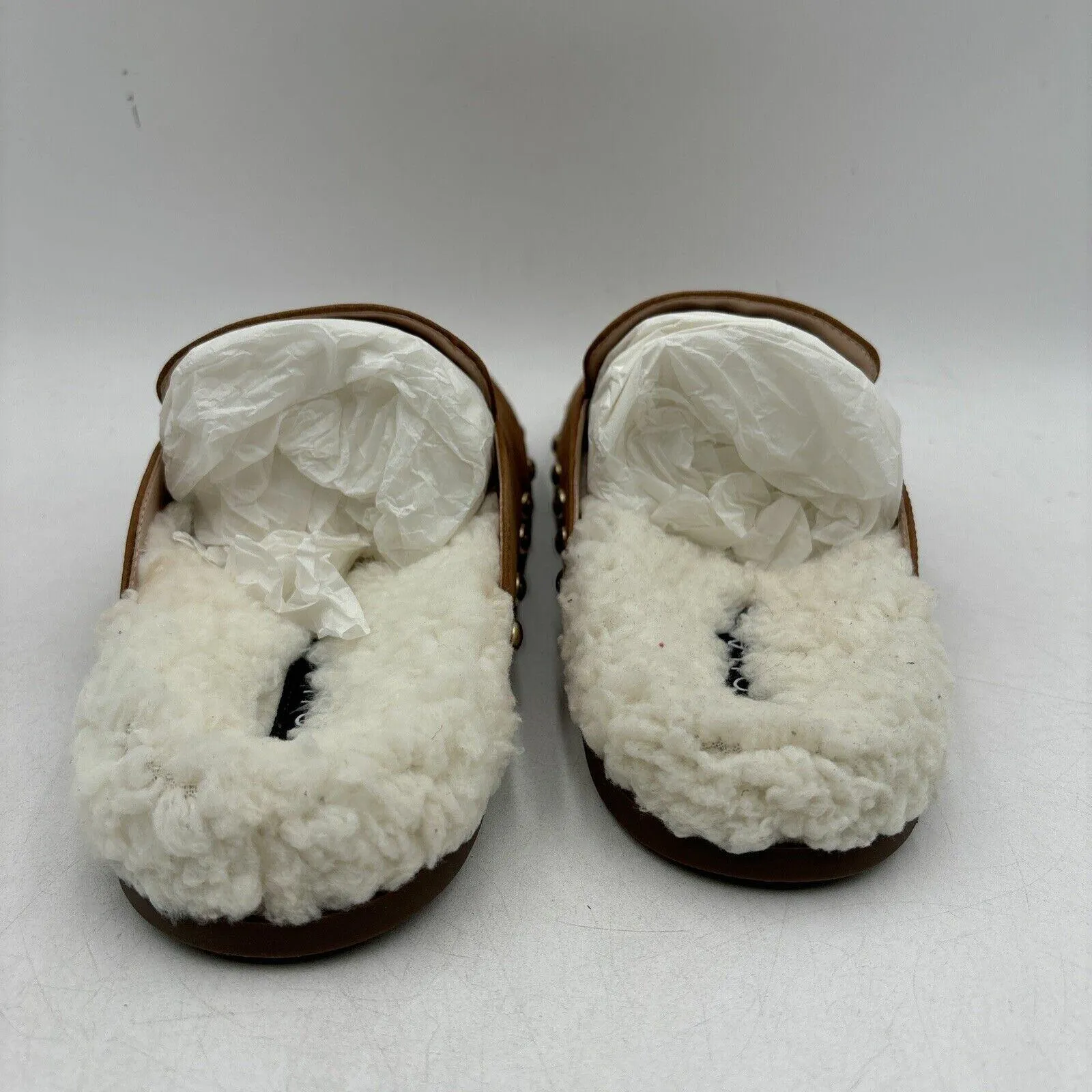 NWB AQUA Brown Nubuck/Faux Fur Lined Round Toe Studded Mule Slippers, Size 8B