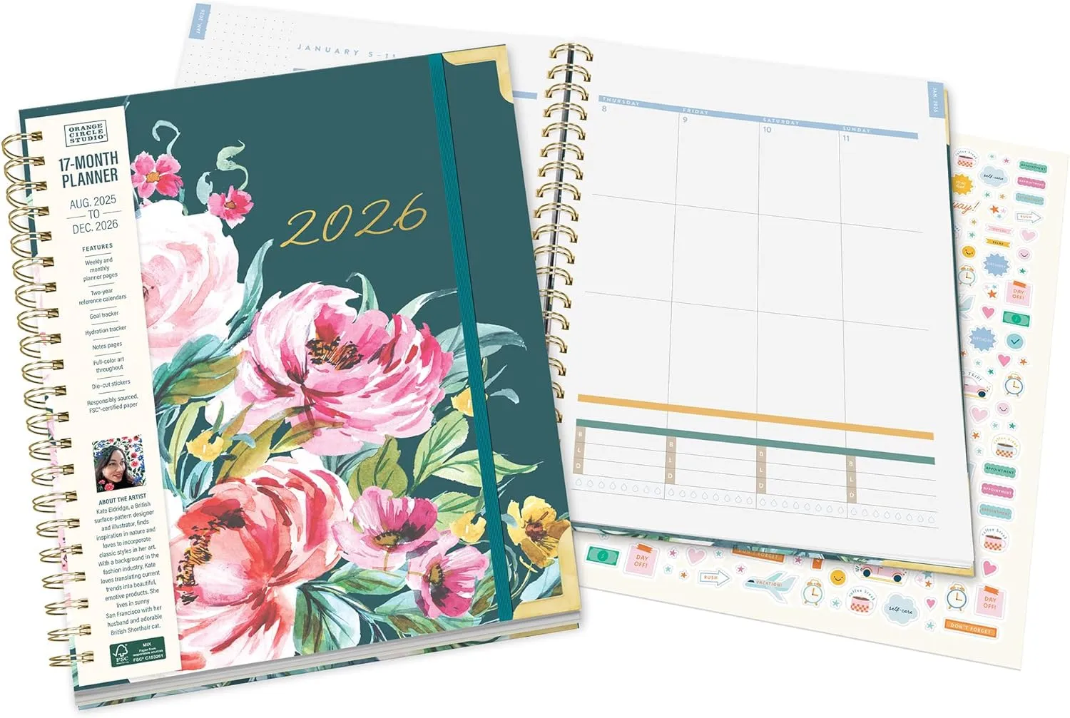 Orange Circle Studio Academic Planner 2026, Bella Flora, Deluxe Extra Large Spiral Planners, 17-Month Weekly & Monthly Spiral Notebook Planner For School or Work, Appointment, Budget & Goal Tracker