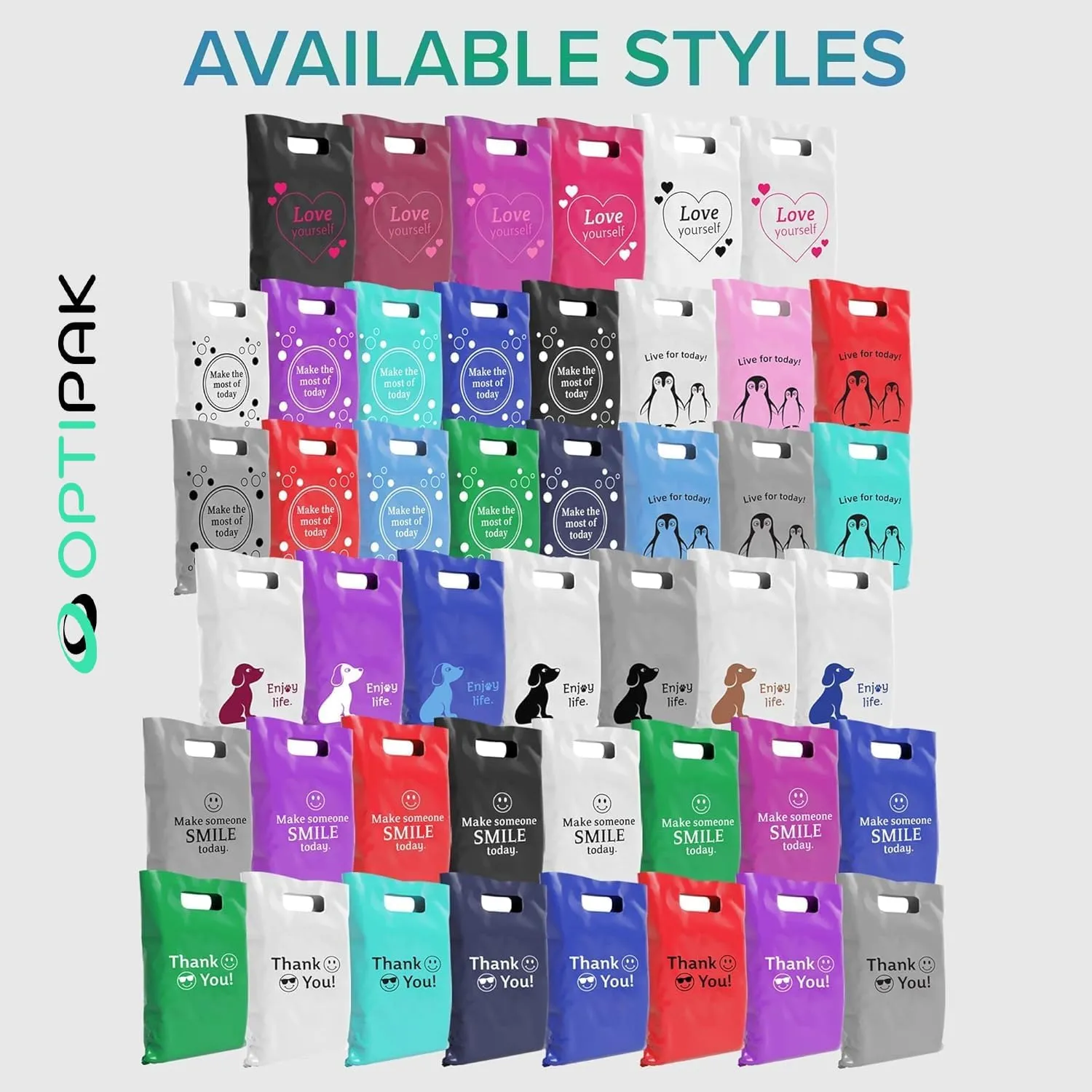 Plastic Bags with Handles – 12x15 Merchandise Bags for Small Business, Die-Cut Retail Boutique & Shopping Bag, Goodie Bag & Trade Show Supplies – Make Someone Smile Today (Pack of 100)