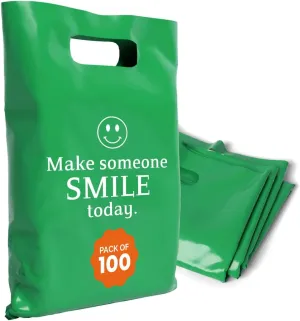 Plastic Bags with Handles – 12x15 Merchandise Bags for Small Business, Die-Cut Retail Boutique & Shopping Bag, Goodie Bag & Trade Show Supplies – Make Someone Smile Today (Pack of 100)