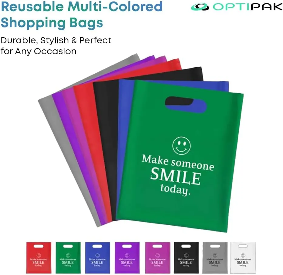 Plastic Bags with Handles – 12x15 Merchandise Bags for Small Business, Die-Cut Retail Boutique & Shopping Bag, Goodie Bag & Trade Show Supplies – Make Someone Smile Today (Pack of 100)
