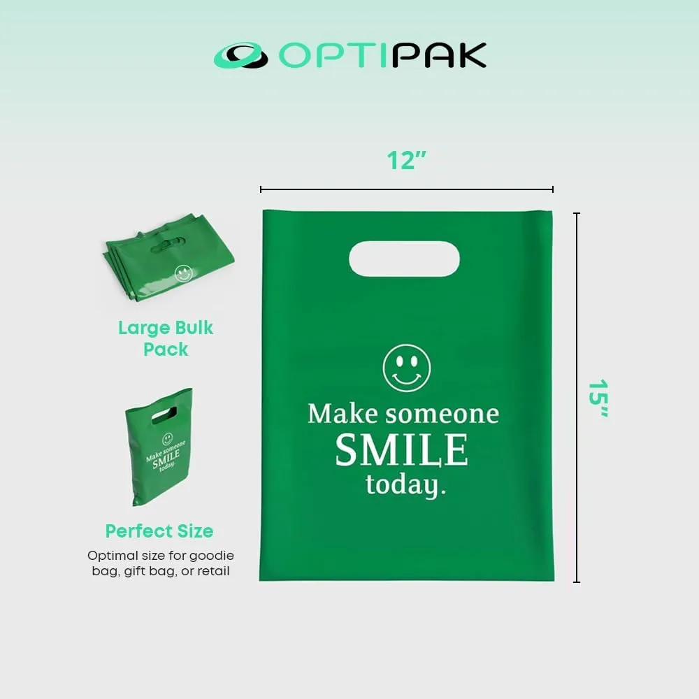 Plastic Bags with Handles – 12x15 Merchandise Bags for Small Business, Die-Cut Retail Boutique & Shopping Bag, Goodie Bag & Trade Show Supplies – Make Someone Smile Today (Pack of 100)
