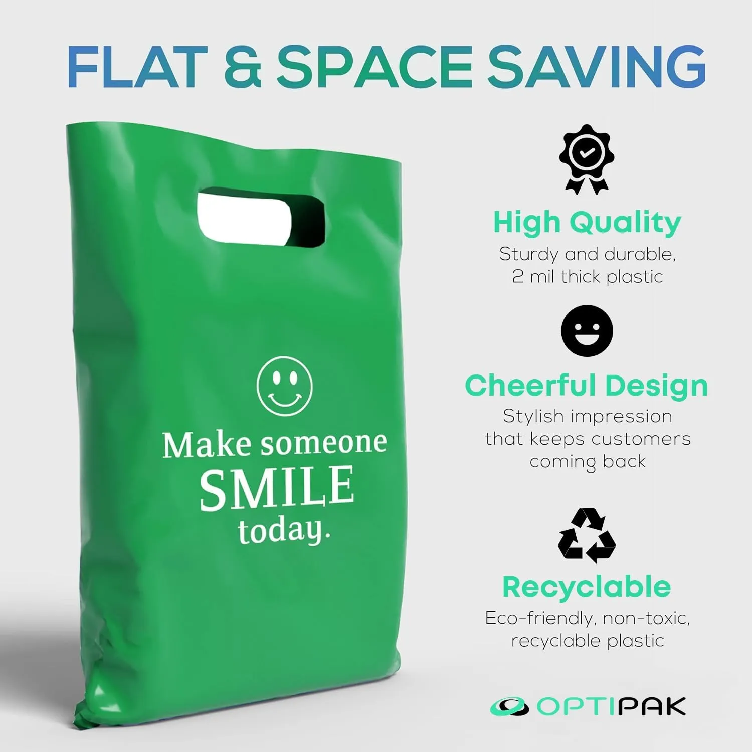 Plastic Bags with Handles – 12x15 Merchandise Bags for Small Business, Die-Cut Retail Boutique & Shopping Bag, Goodie Bag & Trade Show Supplies – Make Someone Smile Today (Pack of 100)