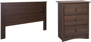 Prepac 3-Drawer Tall Nightstand and King Size Flat Panel Headboard Bundle, Espresso Finish