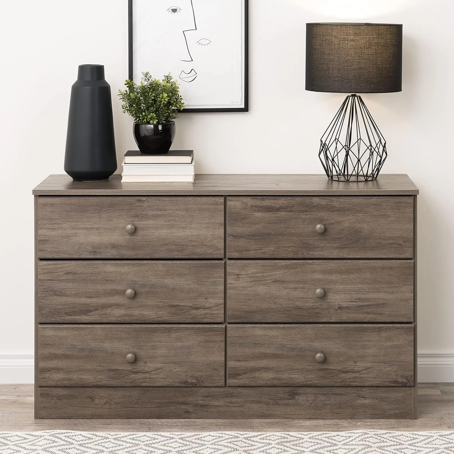 Prepac Astrid Simplistic 6-Drawer Dresser for Bedroom, Functional Bedroom Dresser Chest of Drawers 15.5" D x 47.5" W x 26.85" H, Drifted Gray
