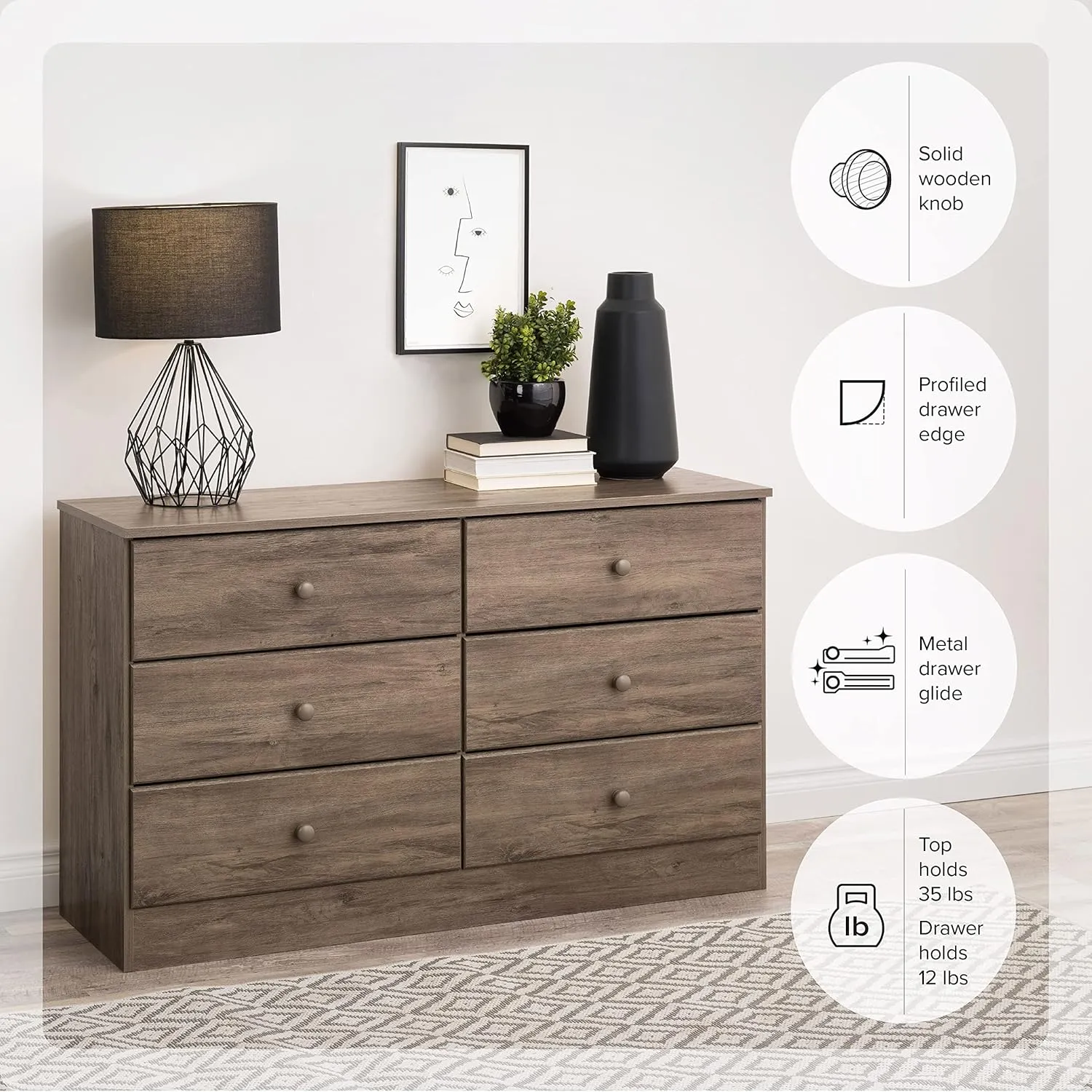 Prepac Astrid Simplistic 6-Drawer Dresser for Bedroom, Functional Bedroom Dresser Chest of Drawers 15.5" D x 47.5" W x 26.85" H, Drifted Gray